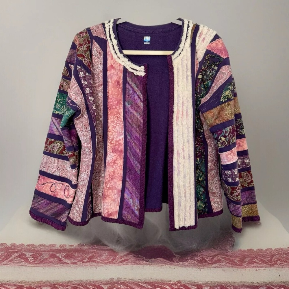 Purple Patchwork Jacket Womens L Quilted Brocade Western Boho Hippie Cottagecore